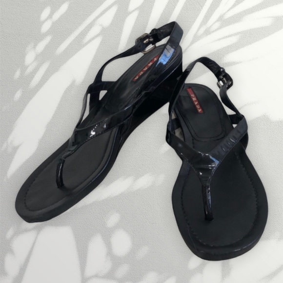 Prada Shoes - PRADA - T-STYLE WEDGE - BLACK PATENT LEATHER